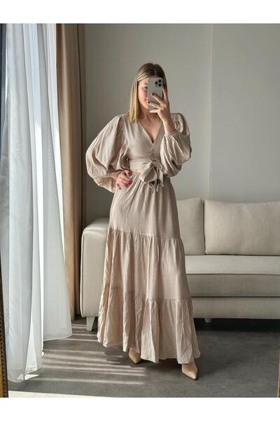 Giybence Σετ Μπεζ Crop Φούστα