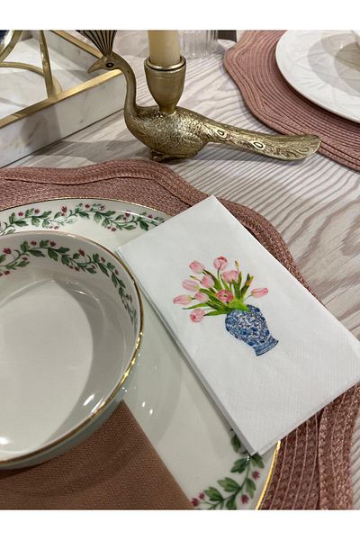 busrasdesign 16 Pieces Tulip Printed Bleu Blanc Pink Presentation Napkin