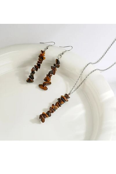 Kusakli Natural Stone Tiger Eye Necklace and Earring Set - Energy and Power Stone