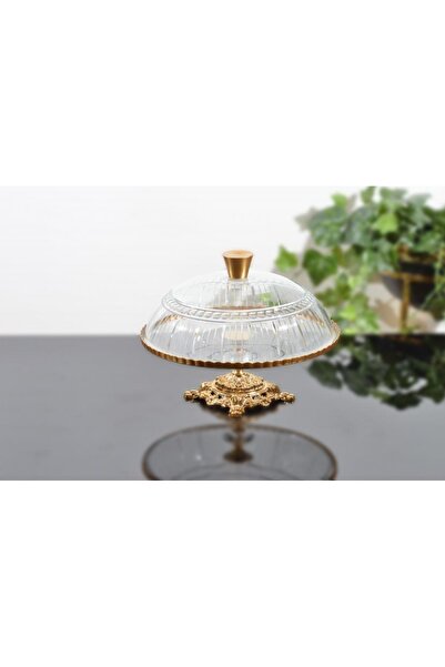 AlyaHomeAksesuar Döküm Ayaklı Yaldızlı Kesme Dekorlu Kek Fanusu Yaldız