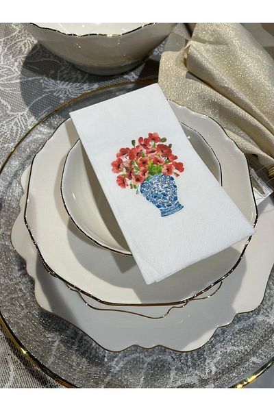 busrasdesign 16 Pieces Bleu Blanc Poppy Flower Printed Presentation Napkin