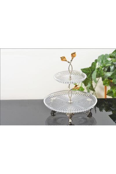 AlyaHomeAksesuar İki Katlı Yuvarlak Servis ve Sunum Tabağı Gümüş