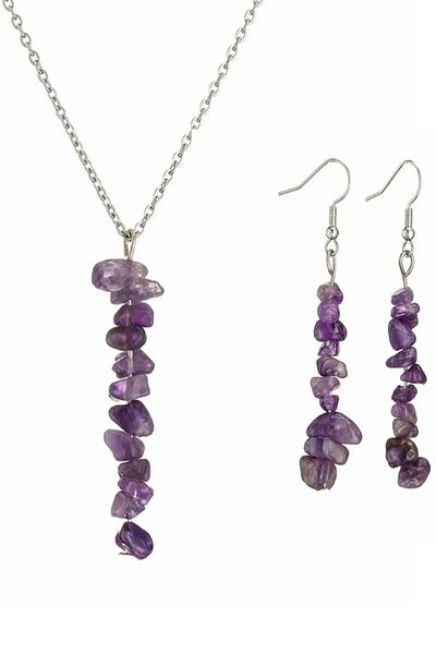 Kusakli Natural Stone Purple Amethyst Necklace and Earring Set