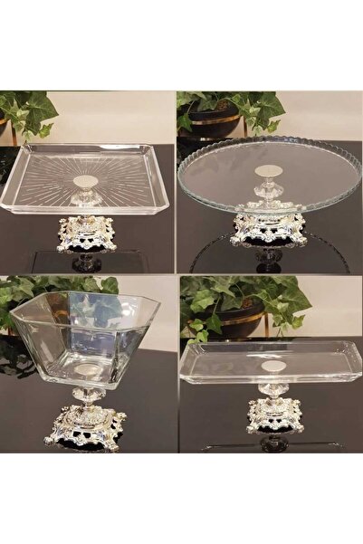 AlyaHomeAksesuar 4 Parça Döküm Ayaklı Sunum Seti Gümüş