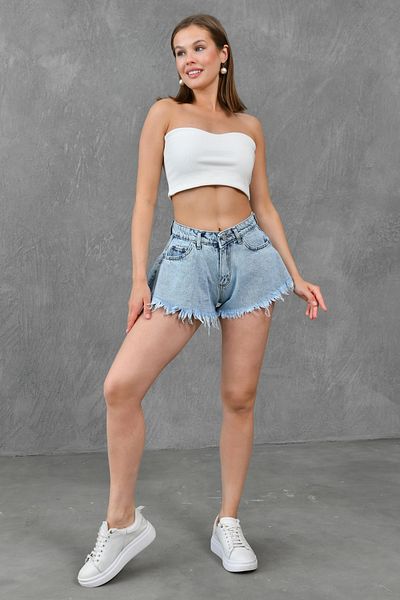 bayansepeti Hohe Taille und Schwungrad Lycra Free Cut - Hellblaue Jeans-Shorts 70355