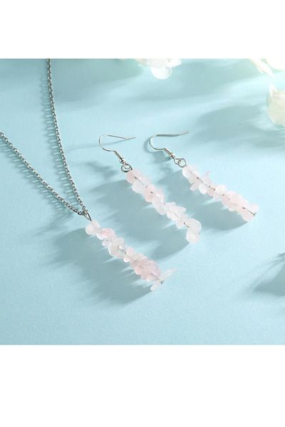 Kusakli Pink Quartz Natural Stone Necklace and Earring Set - Love Stone