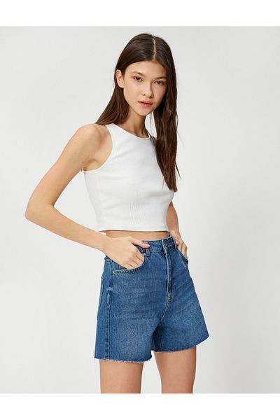 Koton Denim-Shorts mit Taschen, hoher Taille, Vintage-Details, Baumwolle
