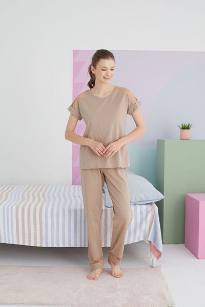 tusem butik homewear Γυναικείο Σετ Πιτζάμες Mink Color - Βαμβακερό, Καλοκαιρινό Σετ με κοντό μανίκι με λεπτομέρεια από τούλι