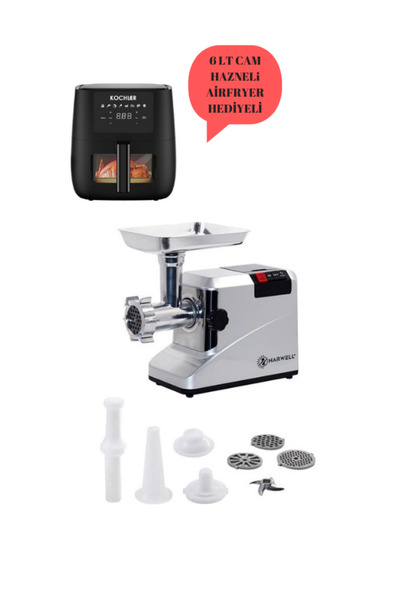 HARWELL Strong Et Kıyma Makinesi 2600 W Full Metal Dişli - Kochler 6 LT Airfryer Sıcak Hava Fritözü Hediyeli