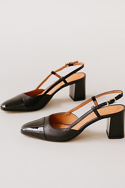 TrendyAnka Black Patent Leather 6 Cm Thick Heeled - Open Back Blunt Square Toe Classic Lady Shoes