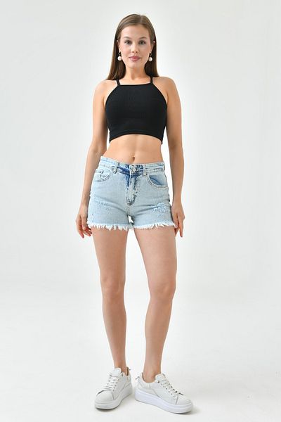 bayansepeti Pantaloni scurți de blugi pentru femei din denim elastic cu talie înaltă - Ice Blue 70362
