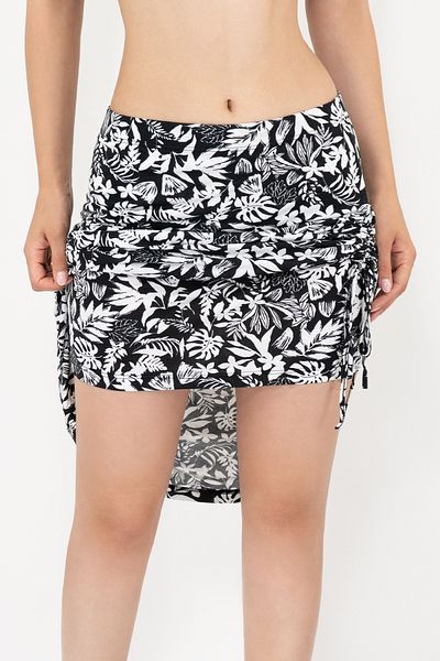 Soyo Adjustable Slit Viscose Double Skirt - Black and White Floral Pattern