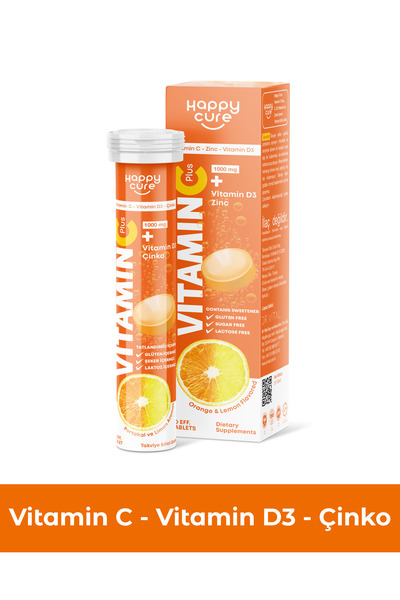 Happy Cure Vitamin C Plus 20 Efervesan Tablet (C Vitamini, Çinko, D3 Vitamini)