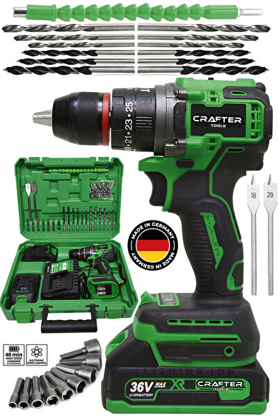 CRAFTERTOOLS 36V 5Ah Kömürsüz Motor Çelik Mandren Akülü Vidalama Darbeli Şarjlı Matkap Seti Yeşil