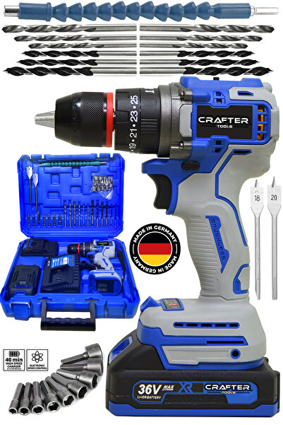CRAFTERTOOLS 36V 5Ah Kömürsüz Motor Çelik Mandren Akülü Vidalama Darbeli Şarjlı Matkap Seti Mavi-Beyaz