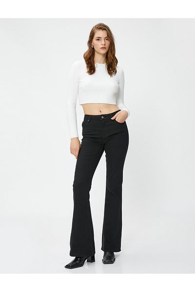 Koton Gabardine Fabric Spanish Leg Trousers - Cotton with Slim Fit and Pocket Detail