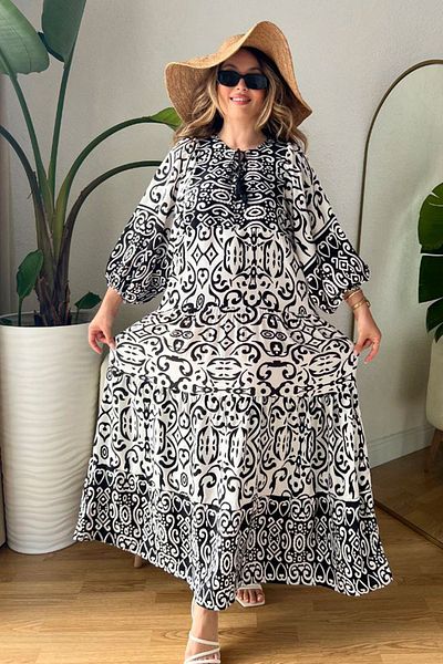 AYASOFYA OTANTIK Black and White Ethnic Patterned - Placket Collar Balloon Sleeve Long Women's Dress