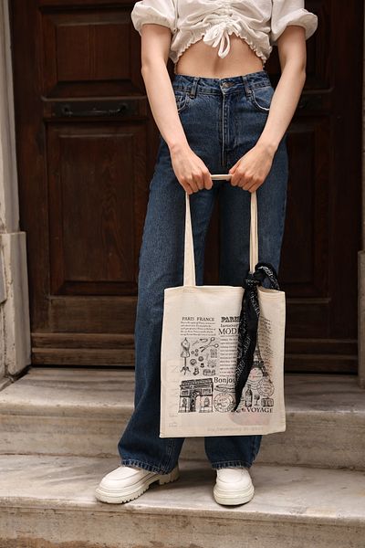 DK DAKSEL Geantă de umăr cu imprimeu Eiffel din pânză Paris Fashion