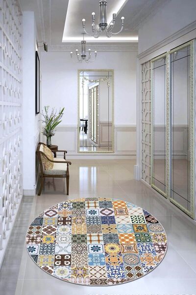 NeluxHome Dekoratif Kaymaz Taban Makinede Yıkanabilir Yuvarlak Halı Çini Ar563