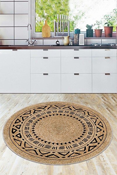 Viva Home Hasır Görünümlü Dijital Kaymaz Tabanlı Yıkanabilir Yuvarlak Mutfak ...