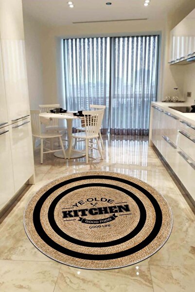 Viva Home Yıkanabilir Hasır Görünümlü Dijital Kaymaz Tabanlı Yuvarlak Mutfak ...