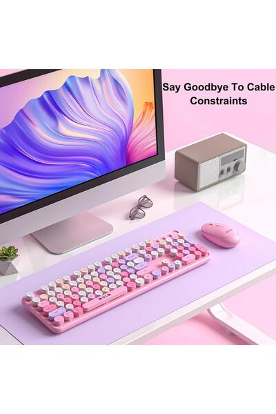 RabbitTech Renkli Daktilo Tarzı Vintage Mekanik Klavye Mouse PC Laptop Uyumlu Kablosuz