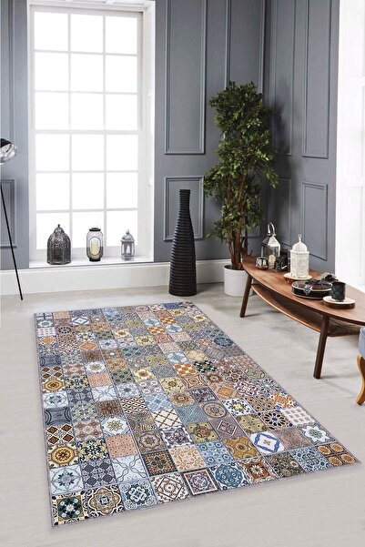NeluxHome Dekoratif Kaymaz Taban Makinede Yıkanabilir Halı Çini Mx003