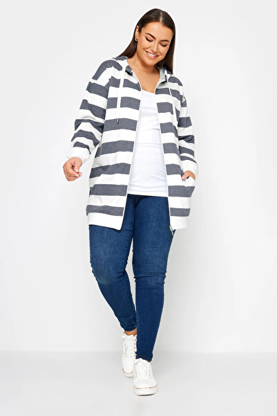 Stil Diva Large Size Zippered Hooded Striped Sweatshirt302936