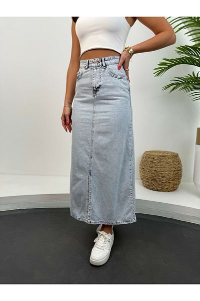 Elif Özbey Butik Fustă lungă de jean albastru gheață