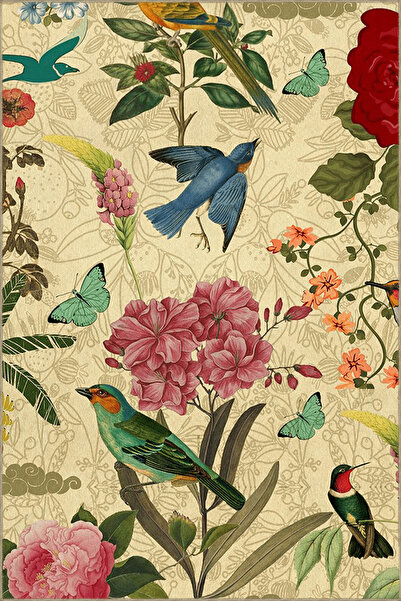 Rugs Modern Halı Bej Temalı Floral Çiçekler ve Kuş Desenli Kreatif Modern Dek...