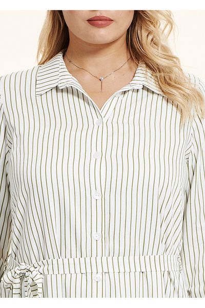 EVEN plus size Viscose Plus Size White Green Striped Shirt Dress