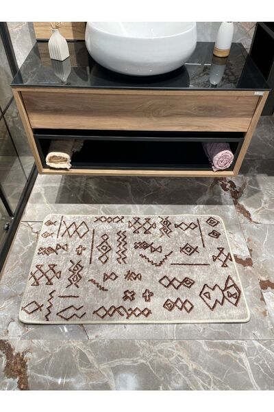 Brillant Etnik Desenli Tekli Banyo Paspası - Bej (ebat 60x100)