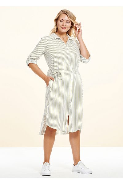 EVEN plus size Viscose Plus Size White Green Striped Shirt Dress