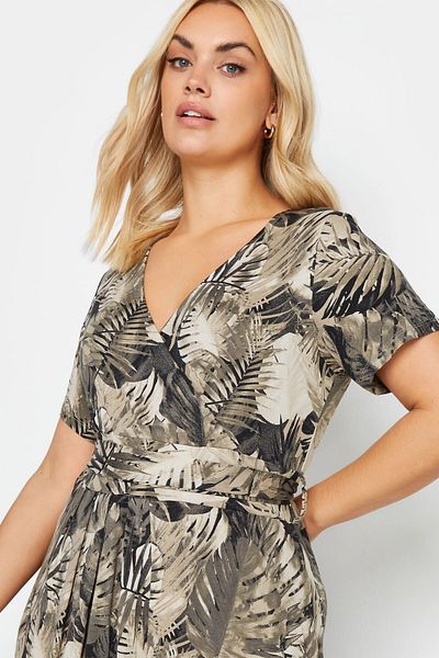 Stil Diva Plus Size Palm Print V-neck Half Sleeve Belted Dress303031