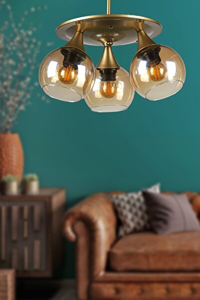 Begüsa Lamina 3.lü Eskitme Kasa Düz Bal Camlı Avize