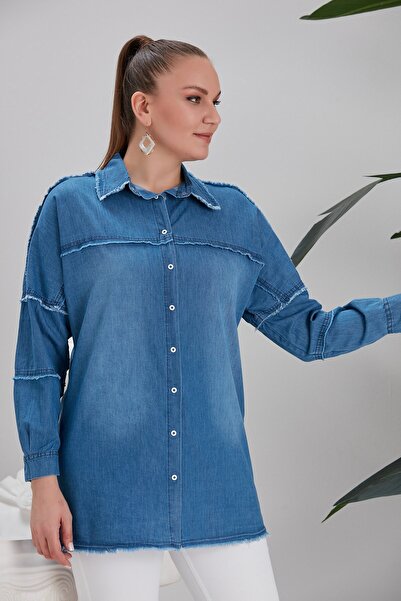 RMG Püskül Detaylı Büyük Beden Mavi Kot Gömlek