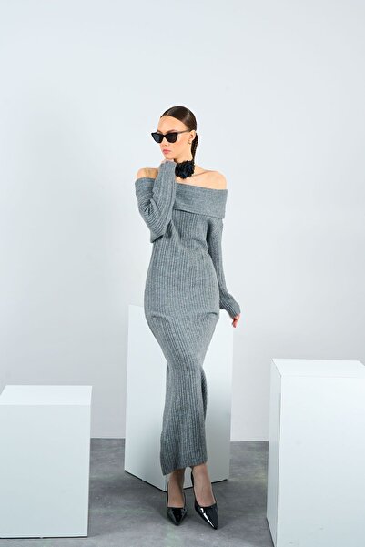 LOOSH Kadın Gri Omuz Açık Uzun Elbise