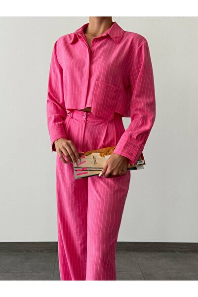 buqre's moda Design Linen Textured Pocket Detailed Crop Shirt Palazzo Pants Set