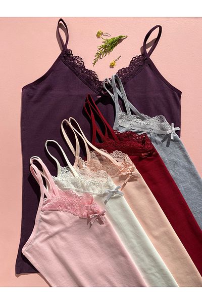 LEYNA BUTİK 6 Pieces Women's Lace String Strap Cotton Undershirt (burgundy-salmon-ecru-pink-plum-grey)
