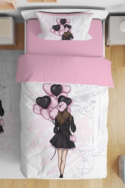 EVPANYA Genç Kız Pembe Balonlu Desenli Tek Kişilik Bebek Çocuk Nevresim Seti