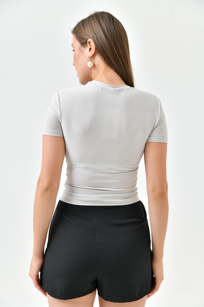 lovebox Damska, rozciągliwa tkanina, zebrana, podstawowa, beżowa bluzka z krótkim rękawem 12244