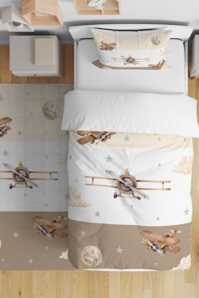 EVPANYA Şeritli Uçaklar Desenli Tek Kişilik Bebek Çocuk Nevresim Seti