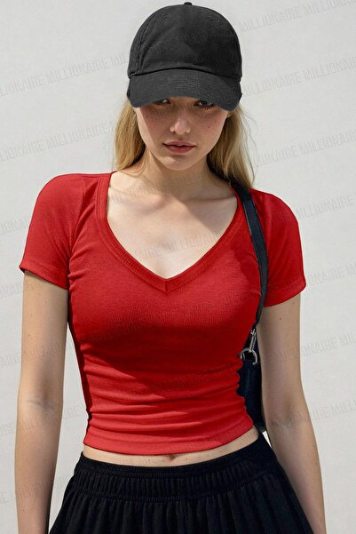 Teenage Millionaire Women's Red V-Neck Short Sleeve Ribbed Camisole Blouse Body