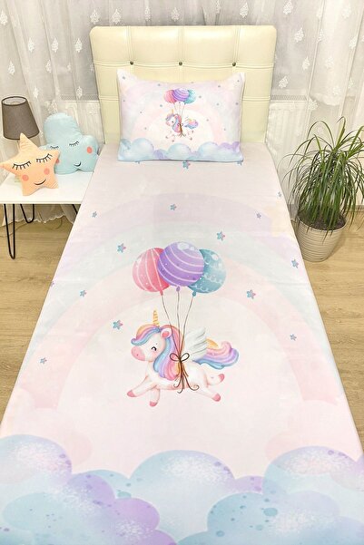 EVPANYA Balonla Uçan Unicorn Desenli Yatak Örtüsü ve Yastık Kılıfı