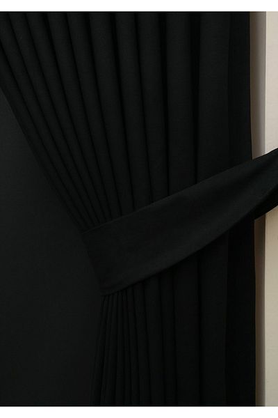 Evdepo Home Crown Black Solid Color Background Curtain, Pleatless Flat Planting, Extrafor Drawstring, Single Wing