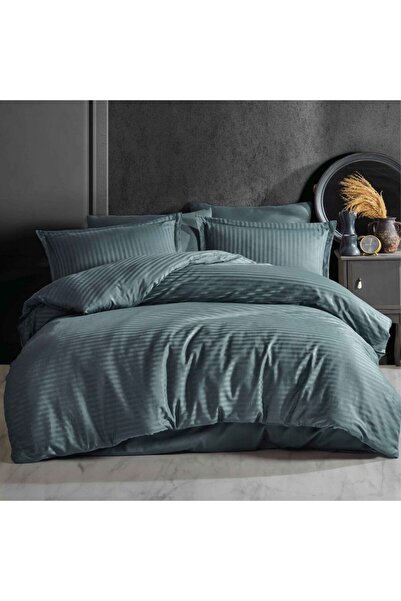 DENİZLİ ÇEYİZ Clasy Double Striped Satin Duvet Cover Set Indigo Gray
