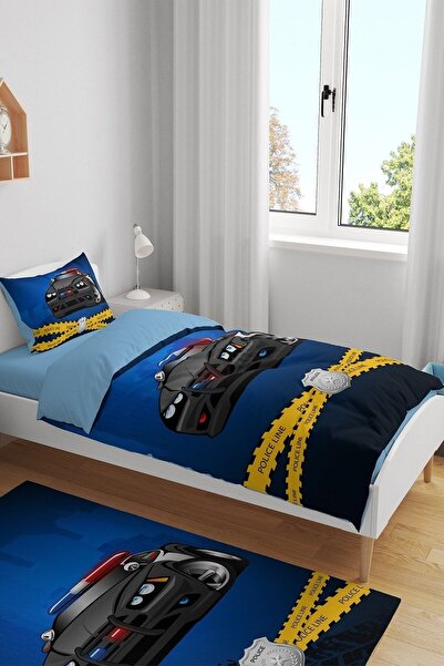 EVPANYA Mavi Polis Aracı Desenli Tek Kişilik Bebek Çocuk Nevresim Seti