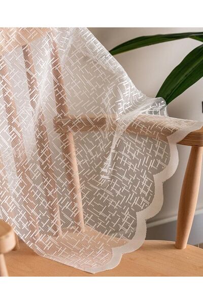 Evdepo Home Crown Geometric Pattern 1/3 Close Pleat, Tulle Curtain Single Wing - Ecru