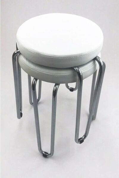 White Furniture 2 Adet Beyaz Metal Ayaklı Deri Tabure Üç Bacak