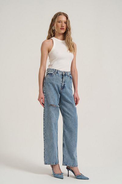 Quzu Pantaloni de denim cu picior largi, rupturi, albaștri